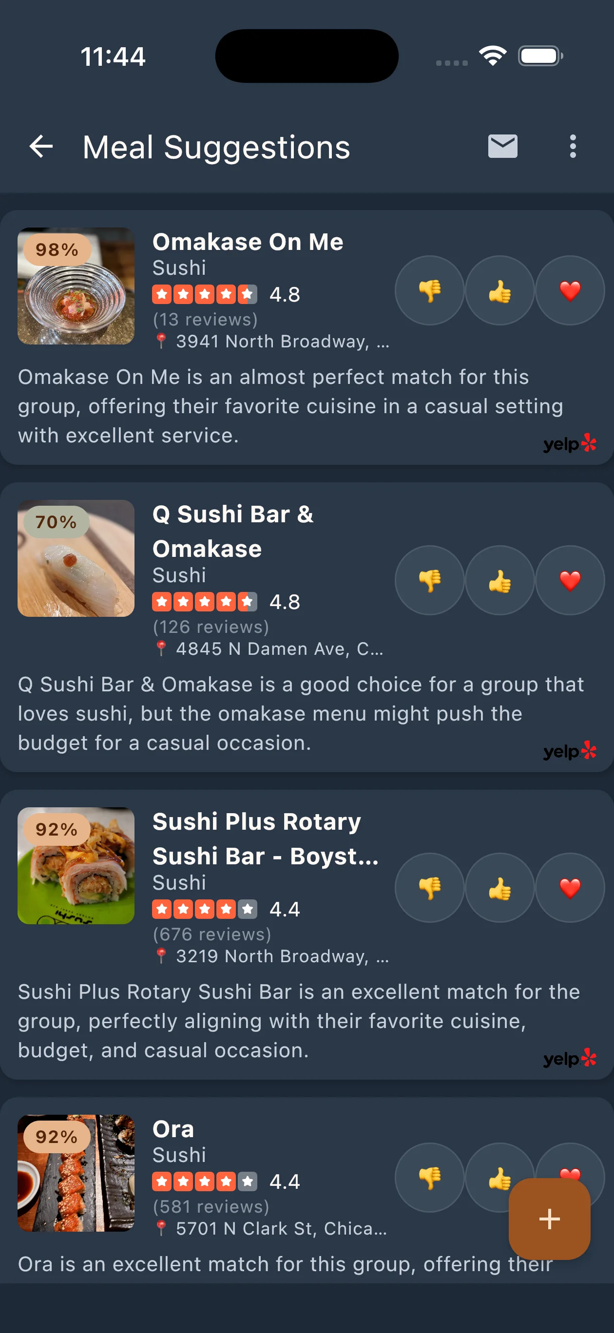 Pixx app screen showing AI-scored restaurant suggestions for a group, each with a match percentage and a short reason it fits